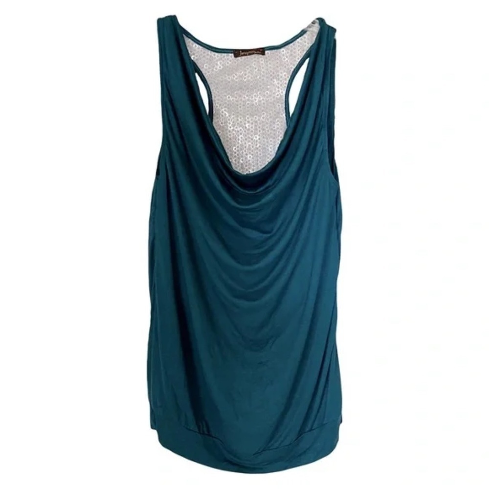 Jaymy USA | Teal Drape Front Sequined Blouson Racerback Tank Top, Small
